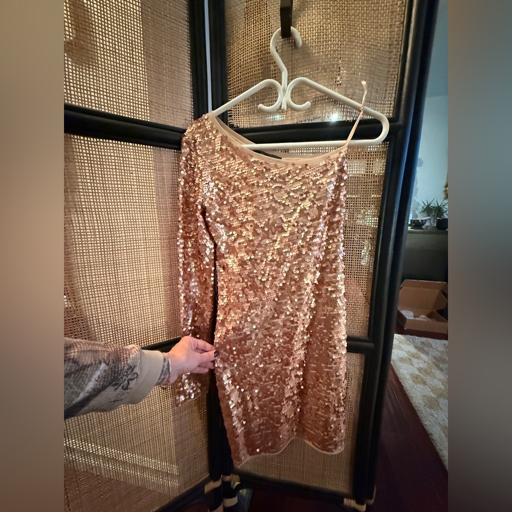 BCBGMaxAzria One Shoulder Sequin Dress in Rose Gold